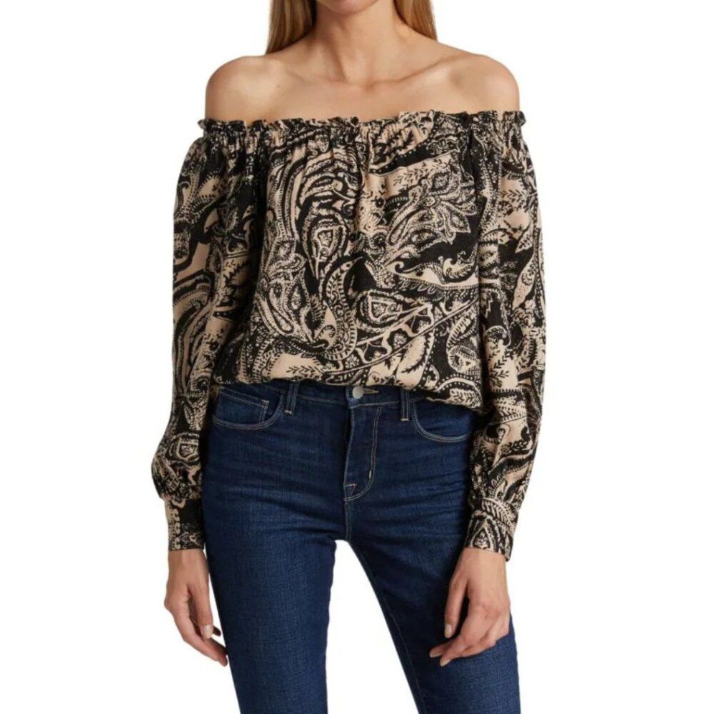 L'agence Rowan Off The Shoulder Blouse Black Tan Paisley Nwt Size Xs Boho Chic
